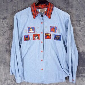 Vintage Westbound Shirt Womens XL Christmas Holiday Embroidered Chambray 90s